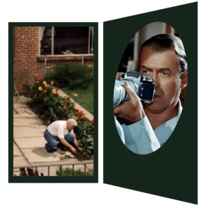 El protagonista de la ventana indiscreta ve a través de la ventana.