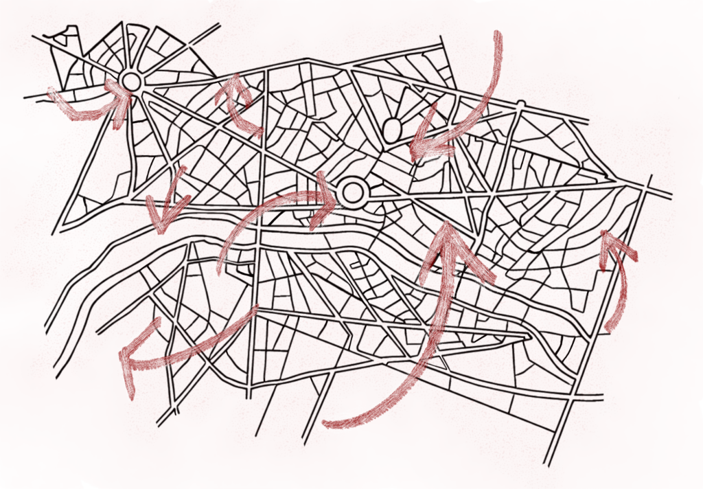 Mapa de una ciudad con flechas rojas indicando los cambios súbitos en el desplazamiento.