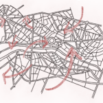 Mapa de una ciudad con flechas rojas indicando los cambios súbitos en el desplazamiento.